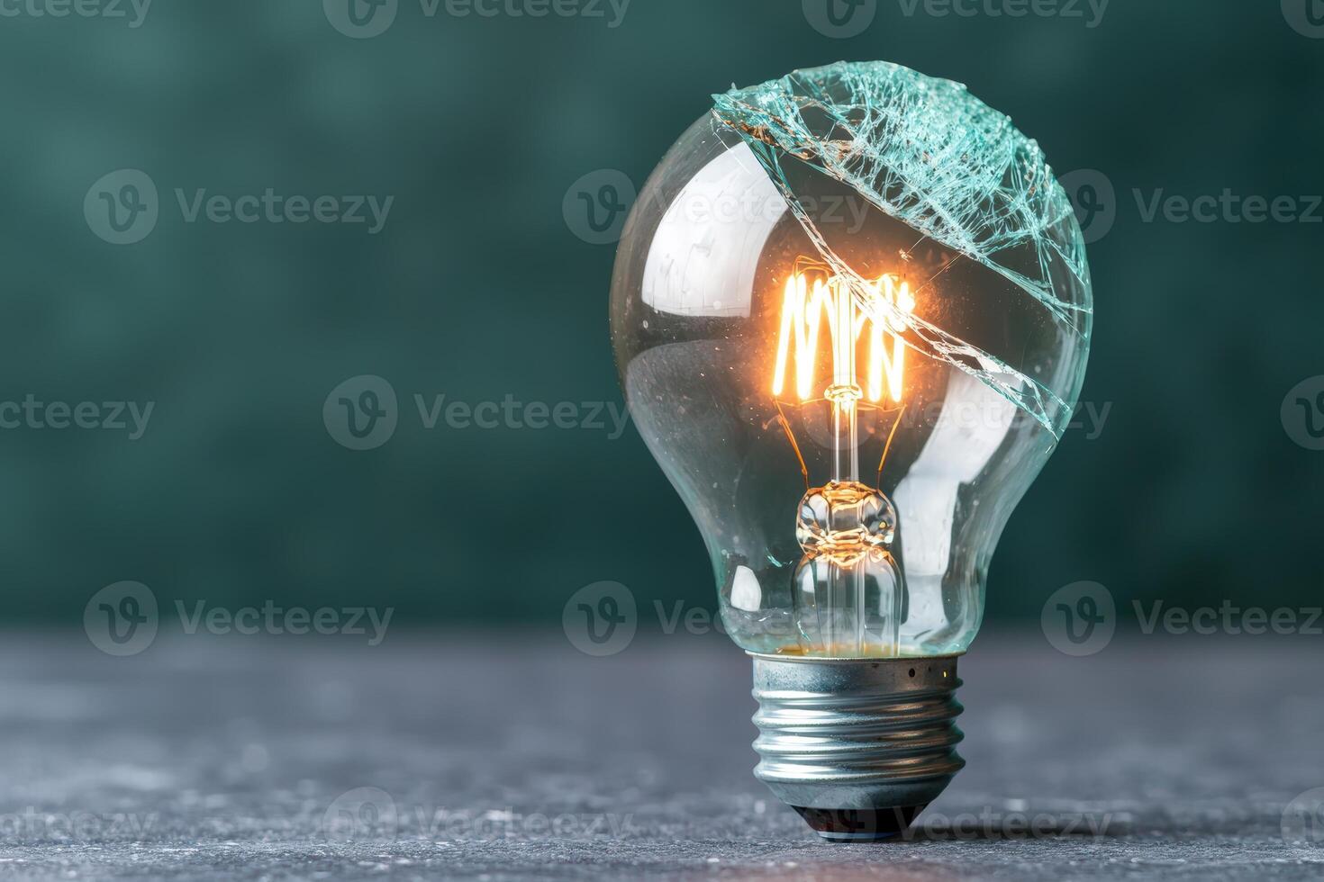 Broken light bulb with glowing filament against dark background photo