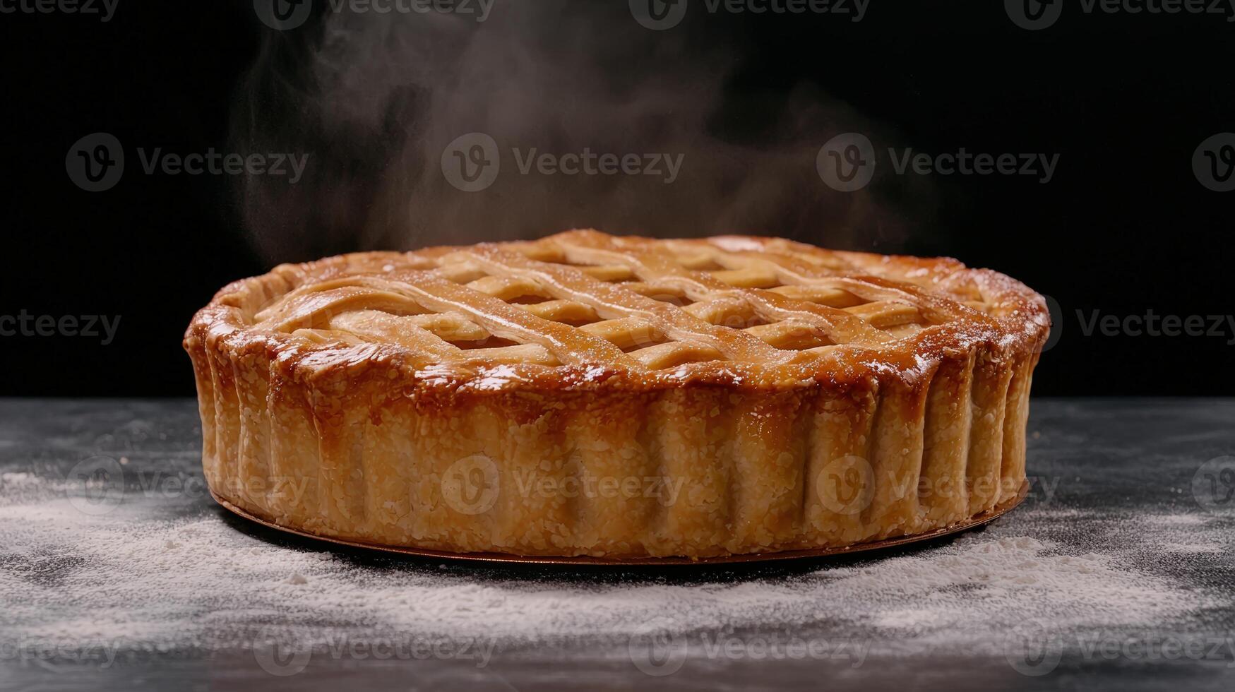 Golden brown apple pie with lattice crust steaming photo