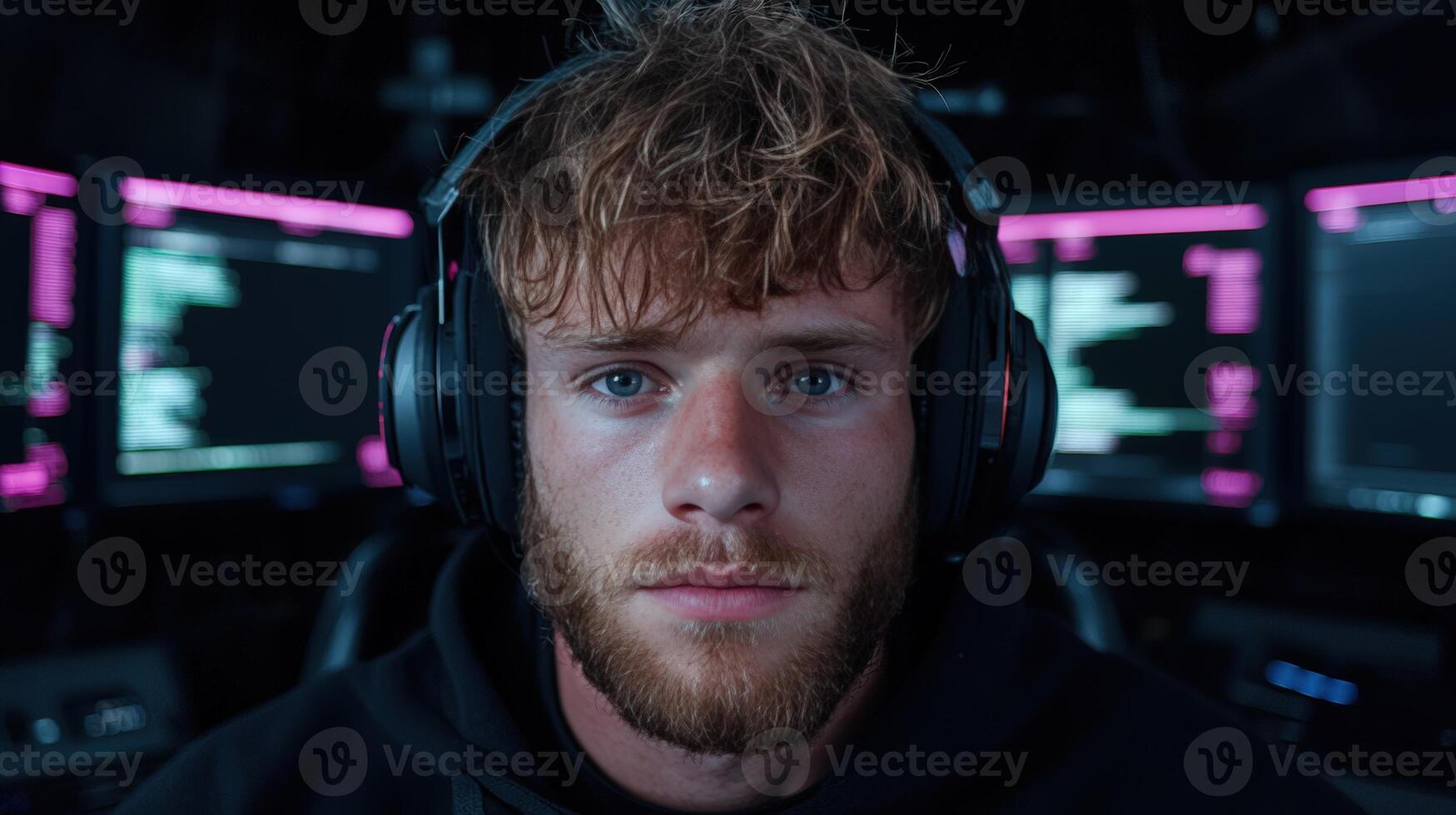 Intense hacker stares intently at multiple computer screens photo