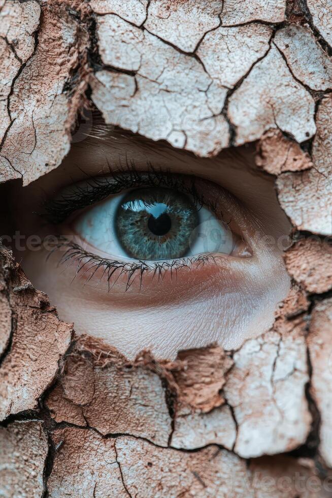 Intense eye peers through cracked earth texture photo
