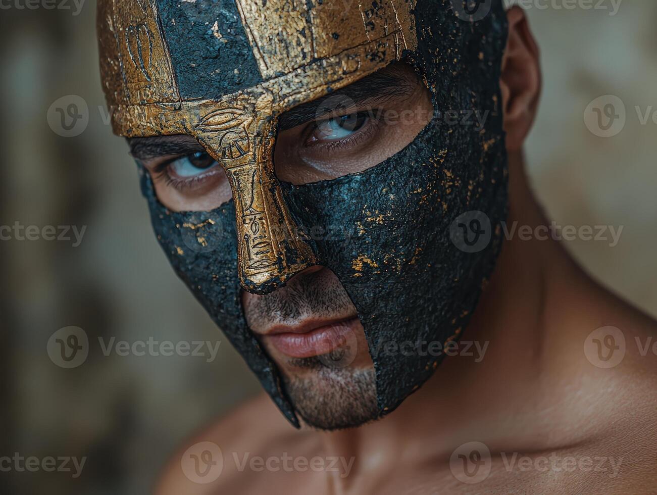 Intense portrait of a man wearing an ornate mask photo