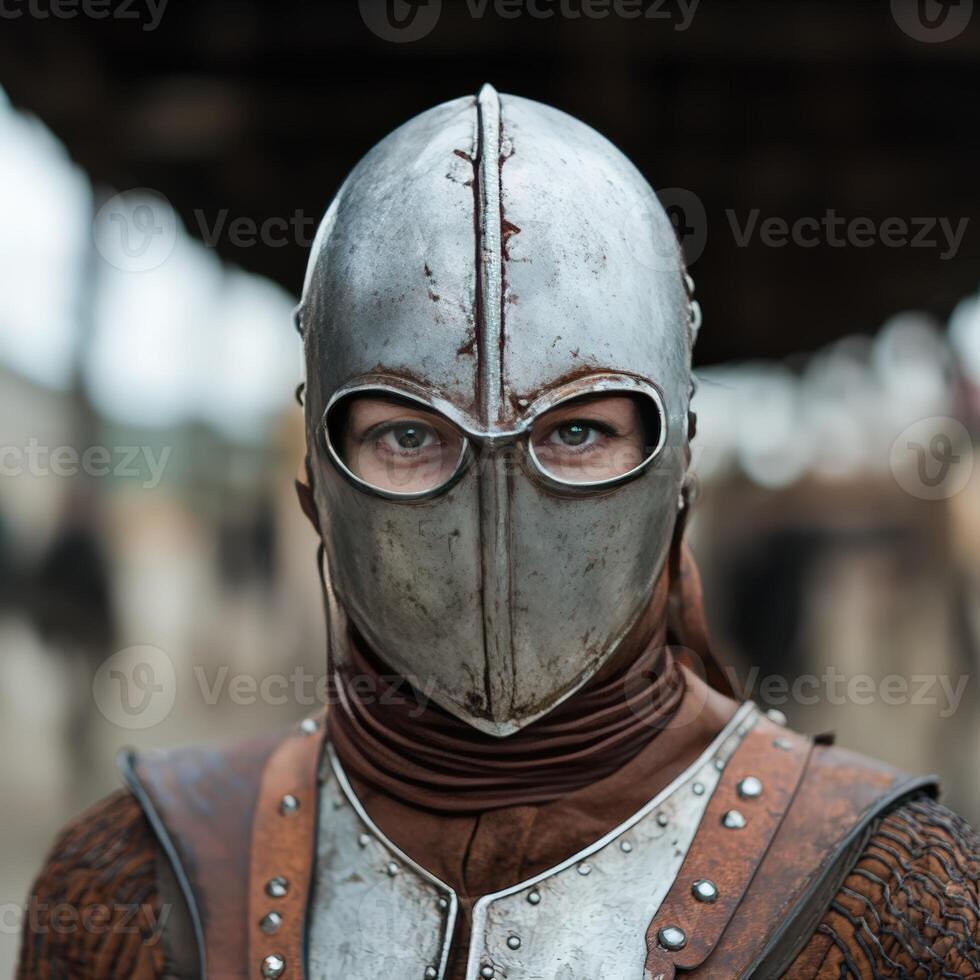Medieval knight with metal helmet and partial armor photo