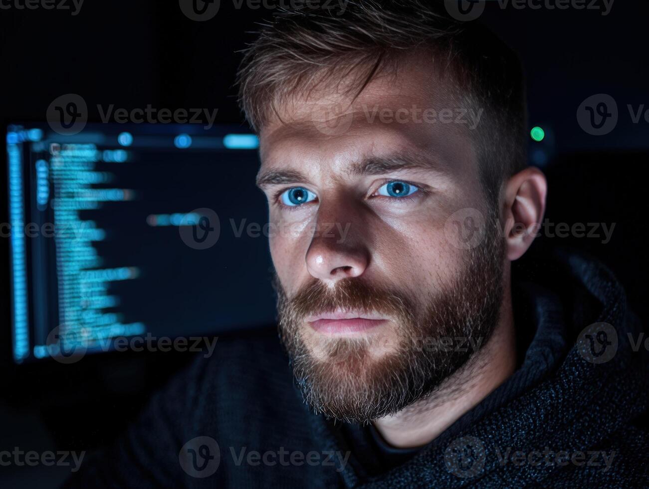 Thoughtful programmer coding at night with illuminated screen photo
