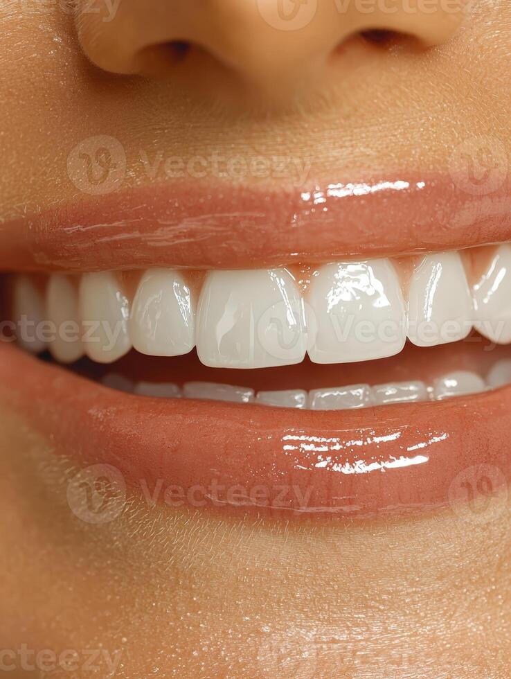 Glossy lips and perfect white teeth of a woman photo