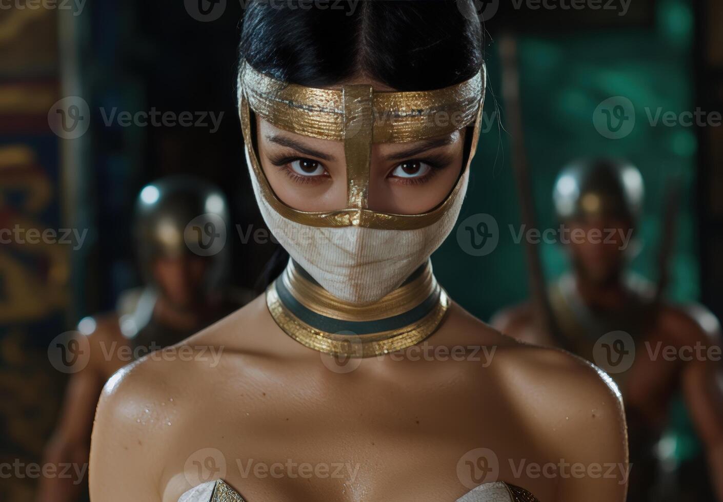 Mysterious warrior woman with golden mask stares intensely photo