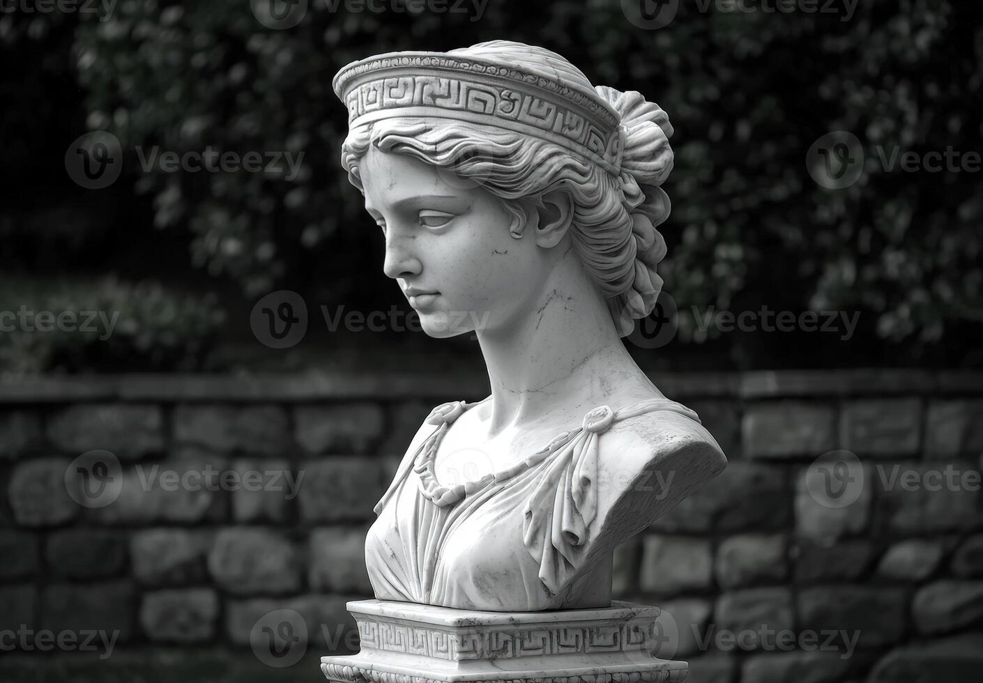 Marble bust of a woman in a garden setting photo