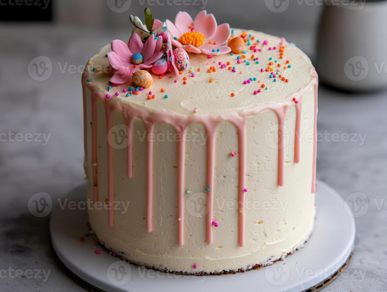 Delicious Easter cake with pink drip and floral decorations photo