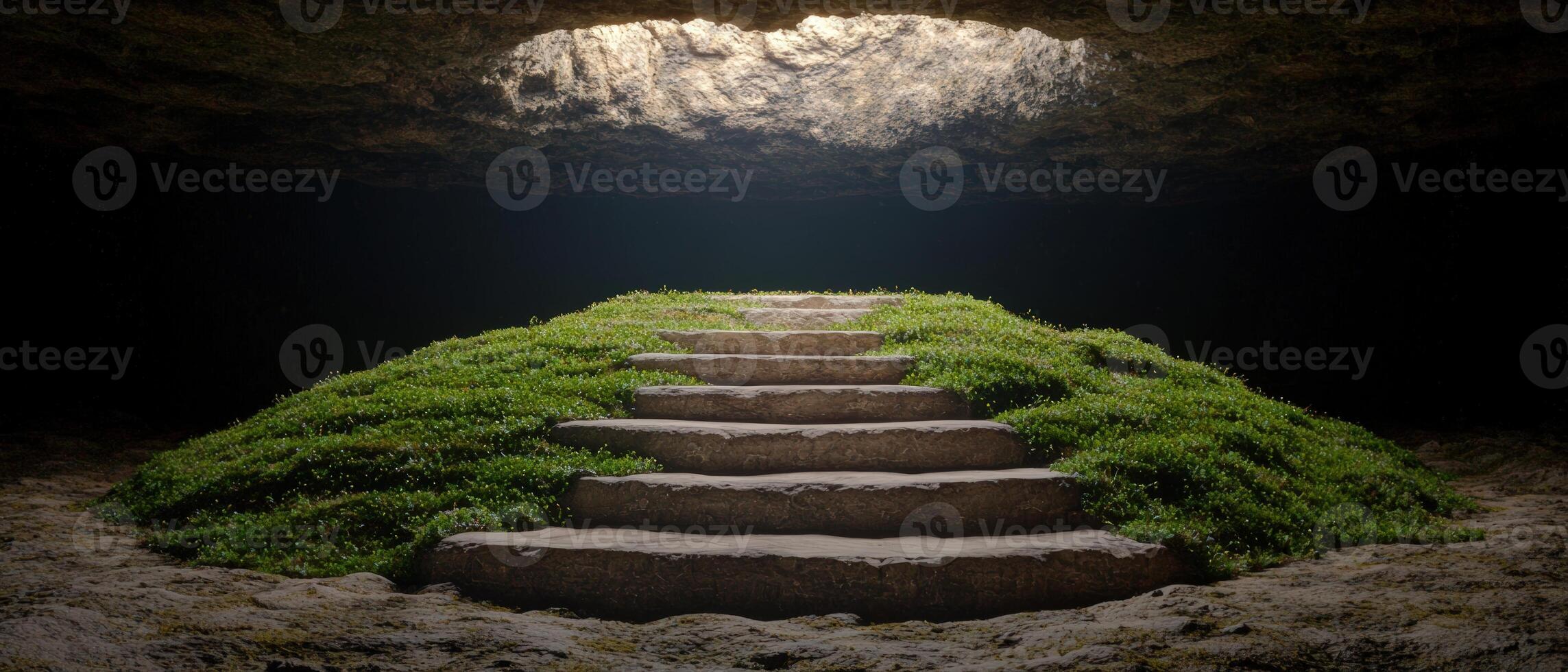 Stone steps lead up from a dark cave photo