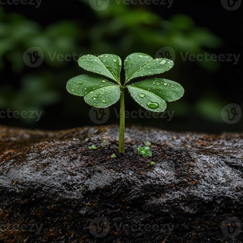 Young plant sprouts with water droplets, symbolizing new beginnings photo