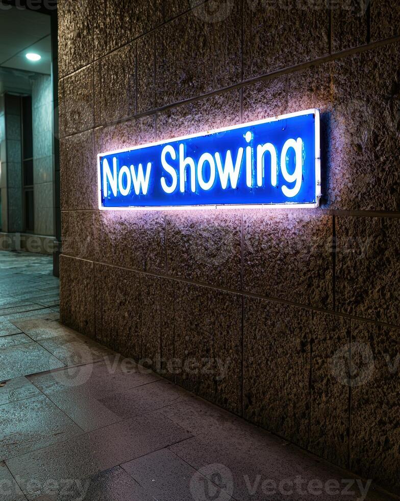 Illuminated Now Showing sign on a textured building exterior photo