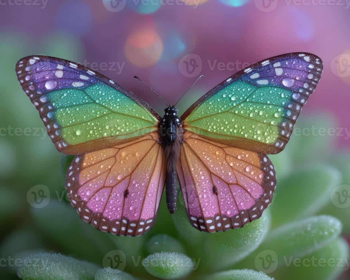 Rainbow butterfly with water droplets on a succulent plant photo