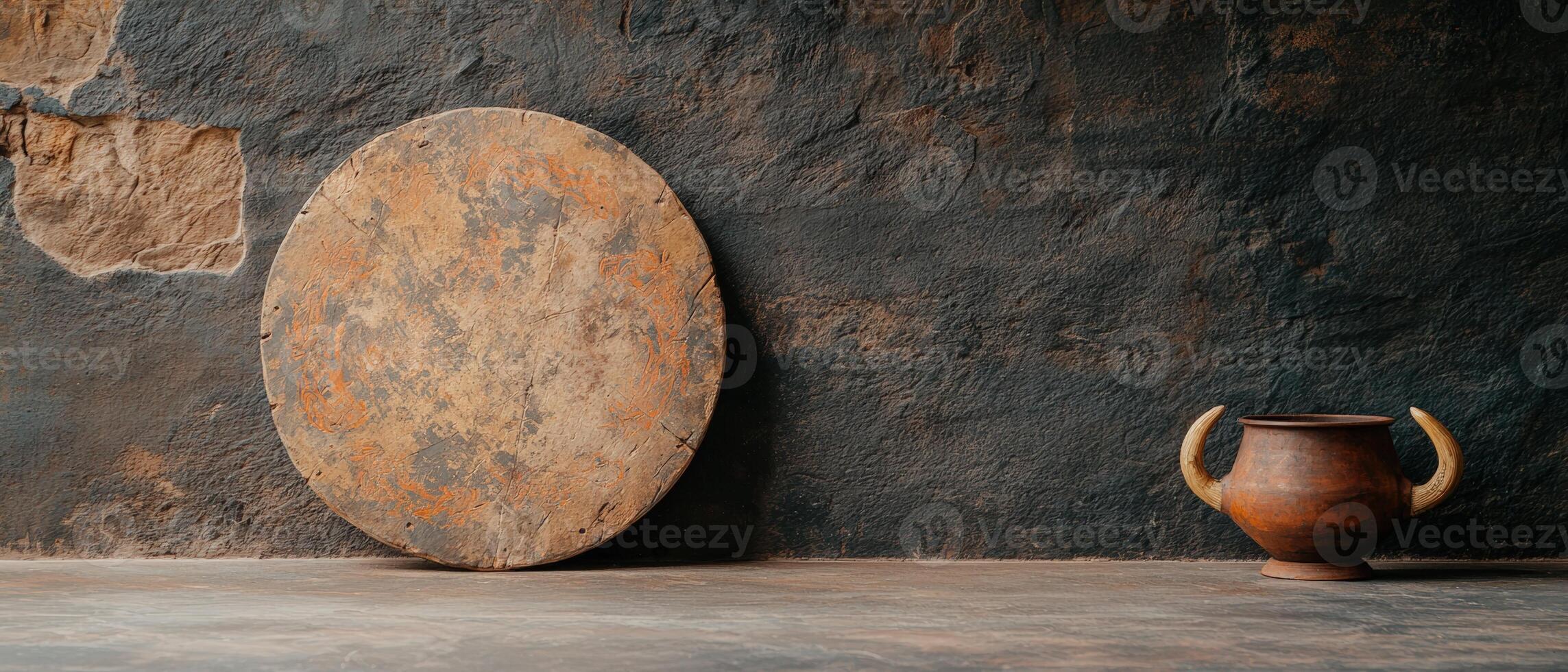 Rustic pottery and wooden shield against a textured wall photo