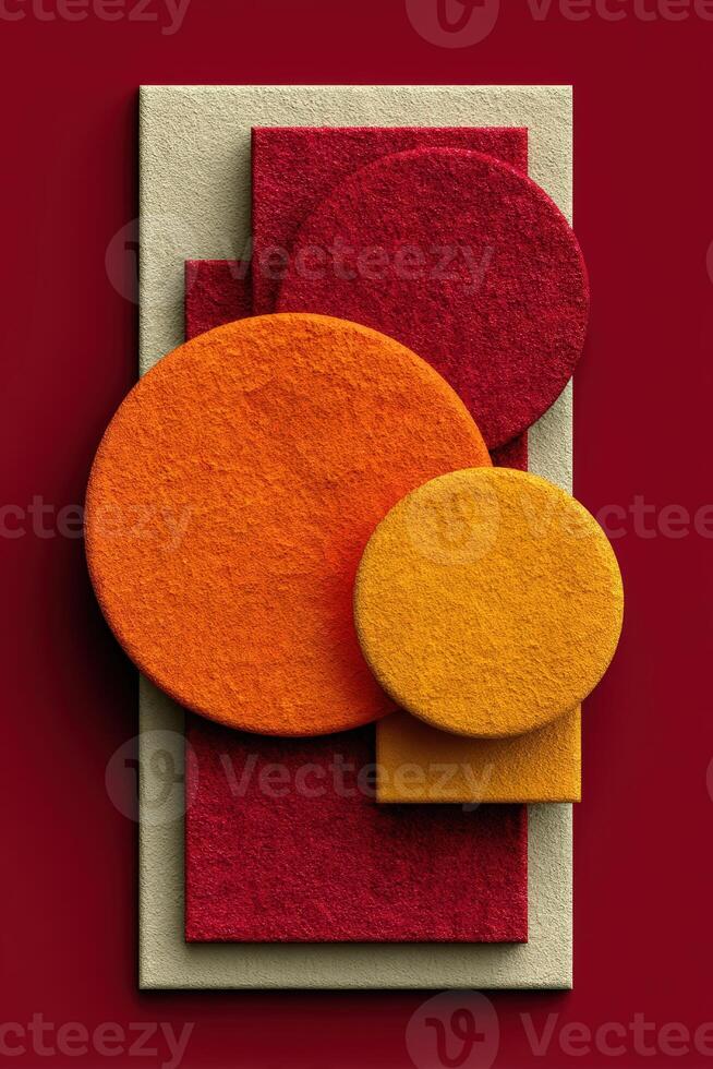 Abstract geometric composition with circles and squares on red photo