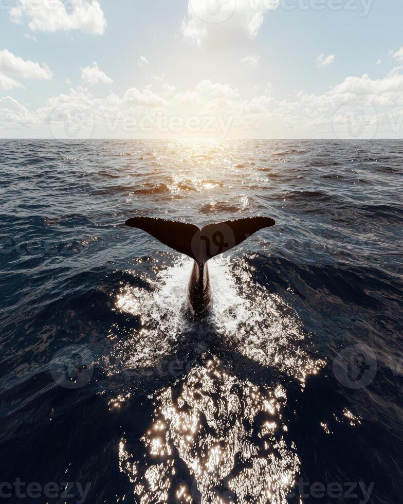 Majestic whale tail diving into the ocean at sunset photo