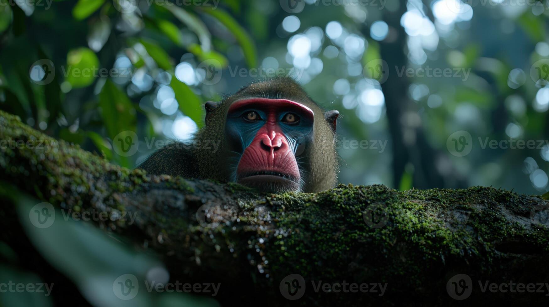 Intense drill monkey peers from a mossy jungle branch photo