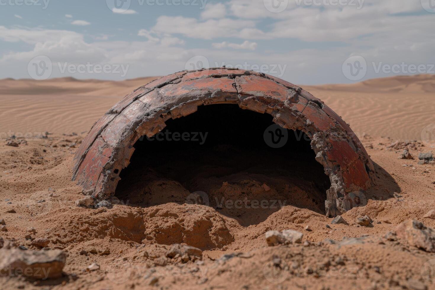 Desert landscape with an abandoned dome structure photo