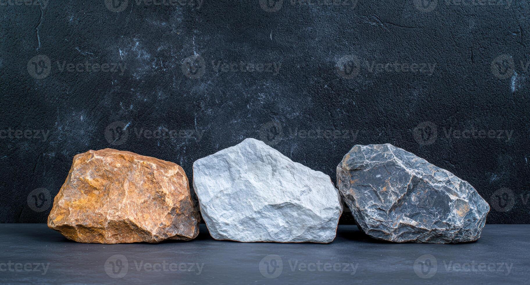 Three geological rock specimens against a dark textured backdrop photo