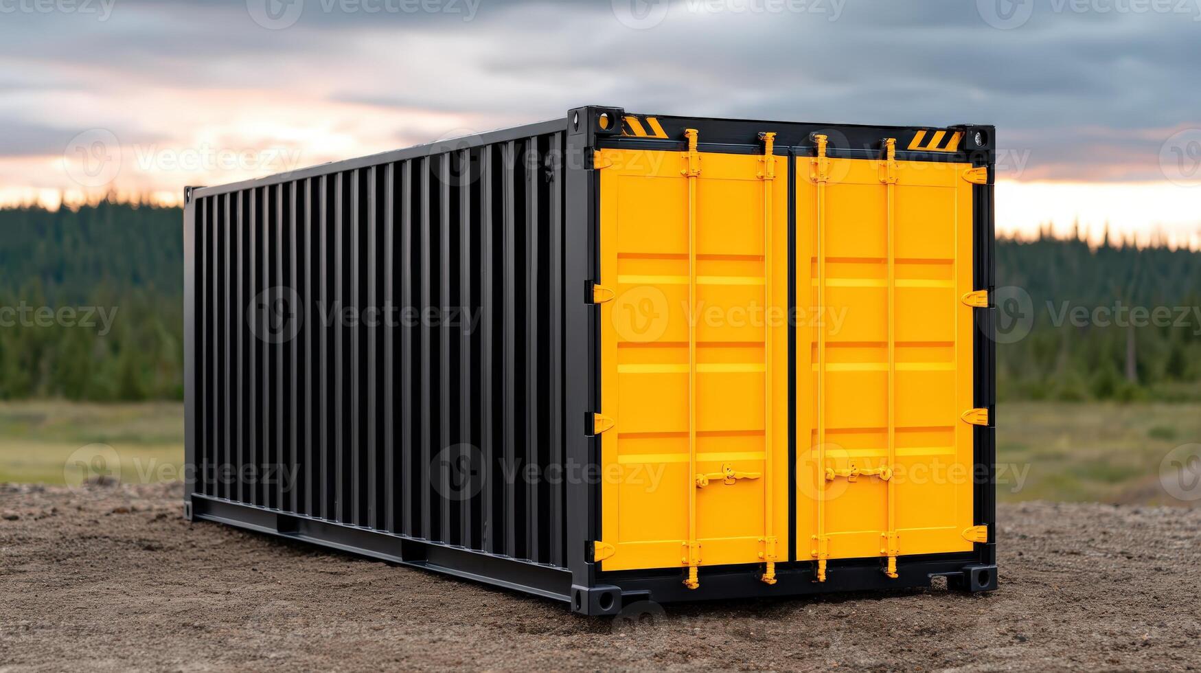 New black and yellow shipping container in a field photo