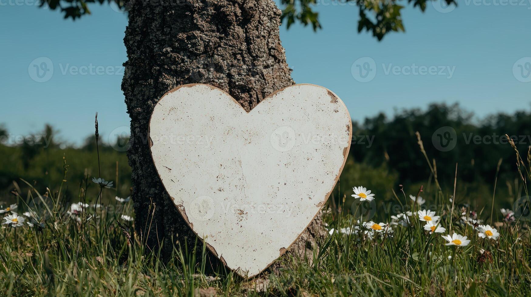 Rustic heart leaning against a tree in a meadow photo