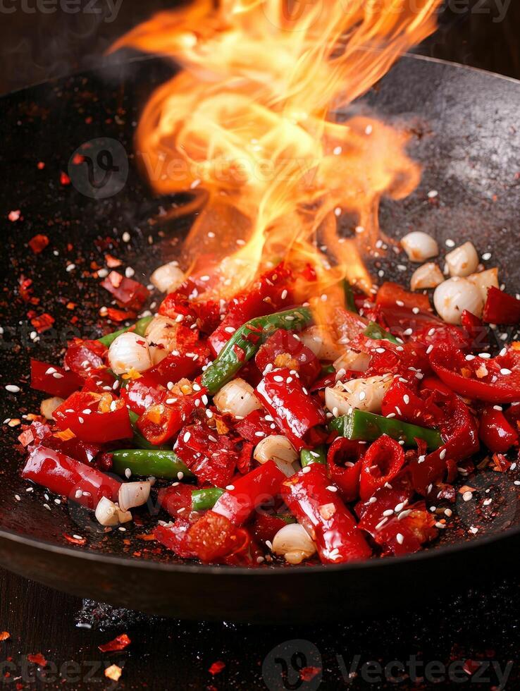 Fiery wok cooking with red peppers and garlic photo