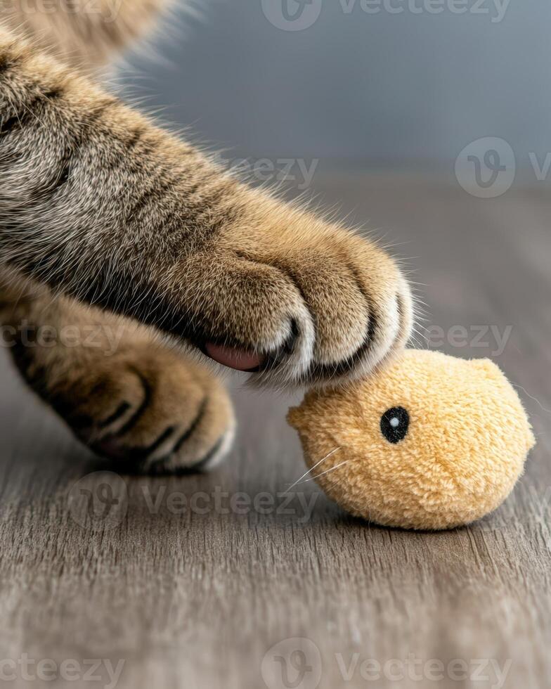 Playful tabby cat paw touching a fuzzy toy mouse photo