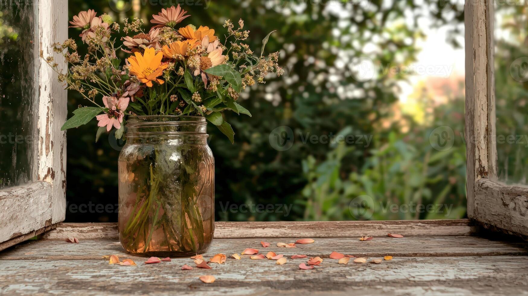 Rustic flower arrangement in mason jar on weathered windowsill photo