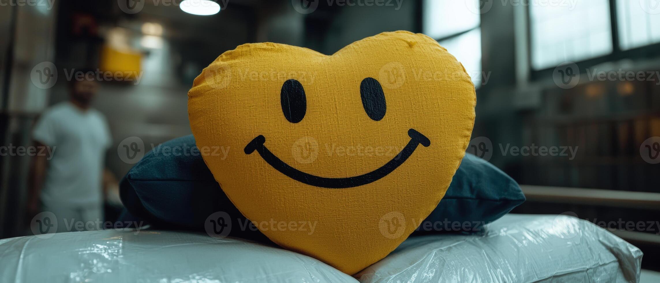 Heart shaped smiley face pillow rests on wrapped packages photo