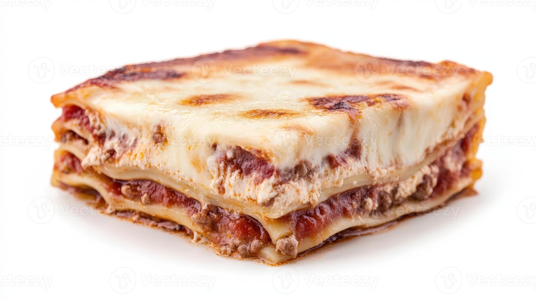 Delicious, cheesy lasagna portion on a white background photo