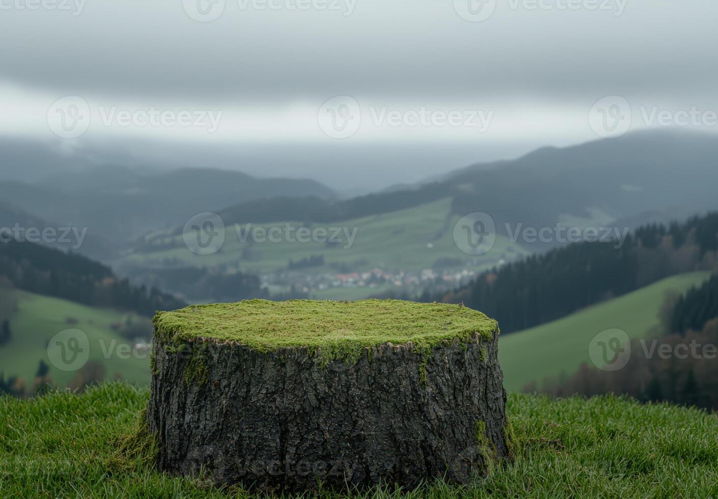 Mossy tree stump in a lush, green landscape photo