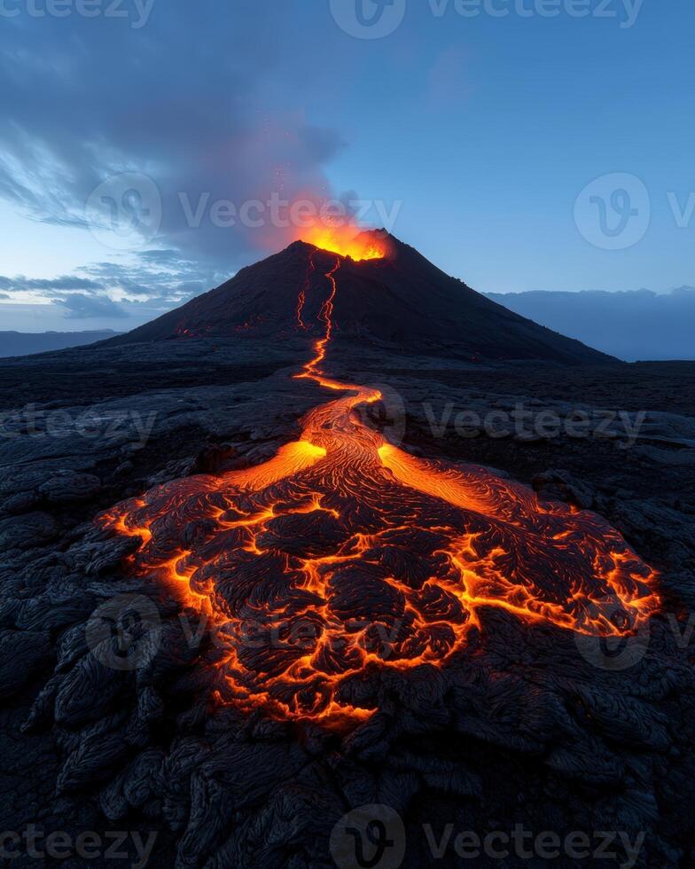 Volcanic eruption with flowing lava at night photo