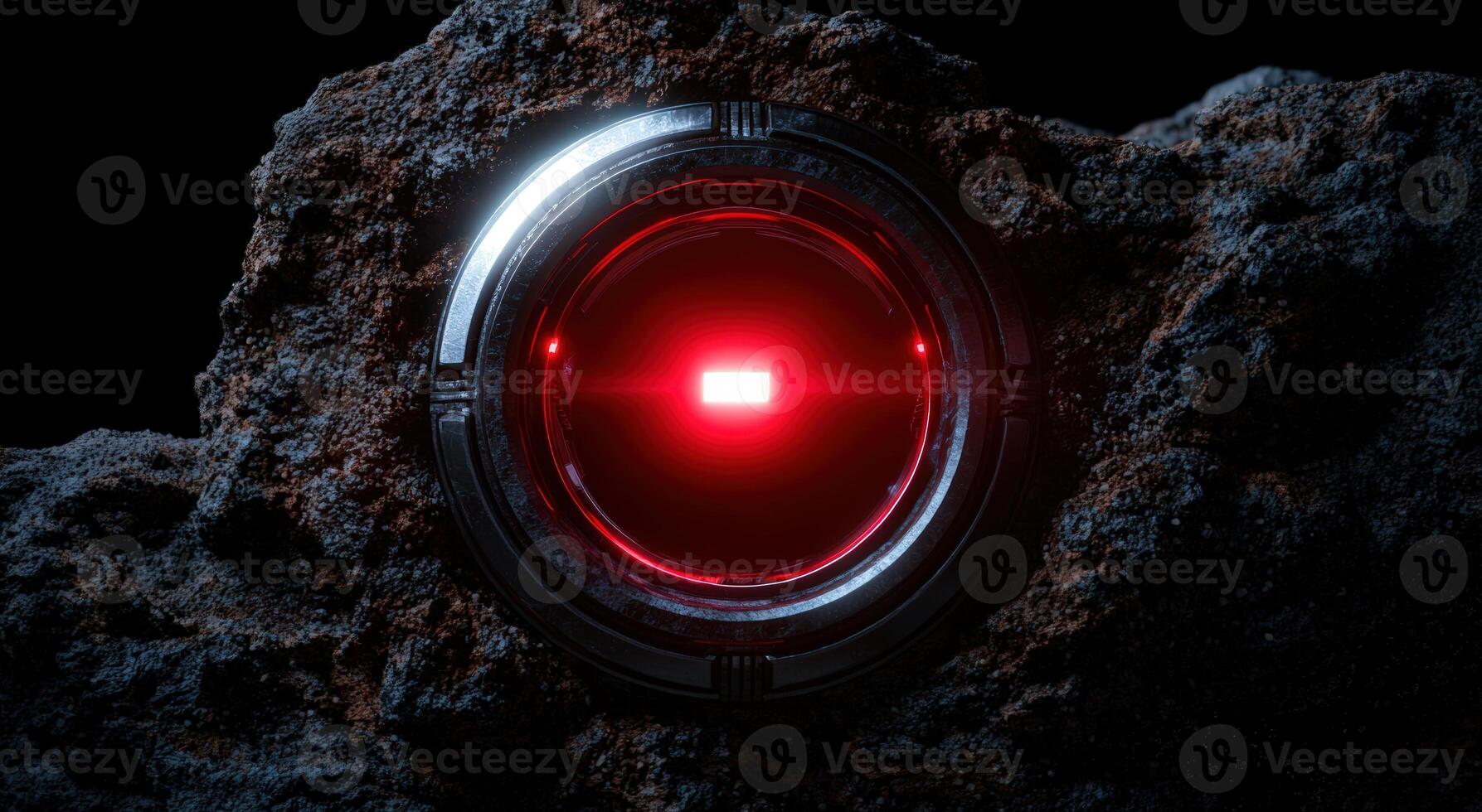 Futuristic robot eye embedded in a rocky surface photo