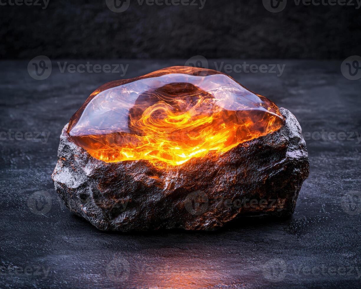 Glowing molten rock with a translucent shell on a surface photo