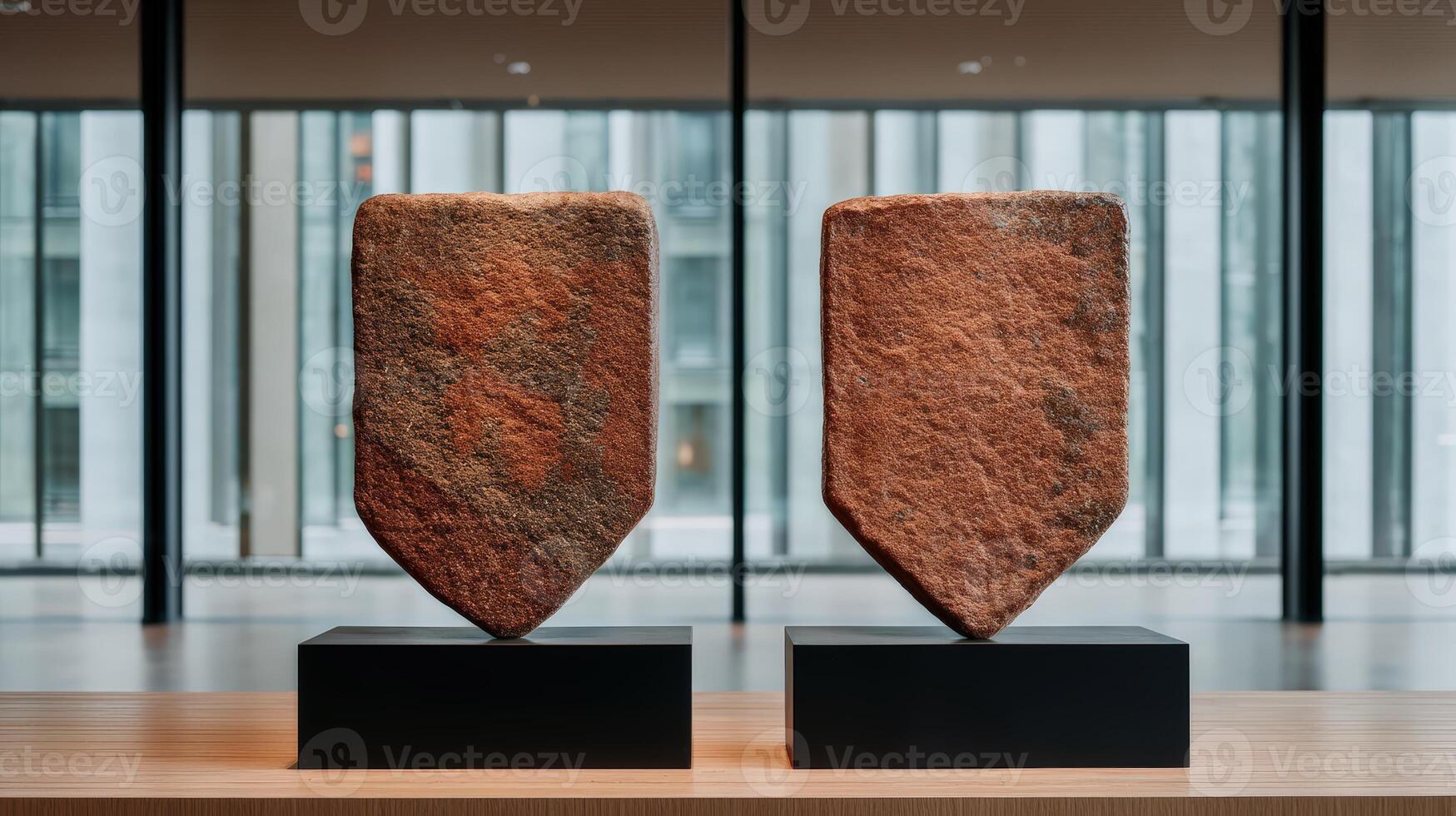 Ancient stone shield artifacts displayed in a museum exhibit photo