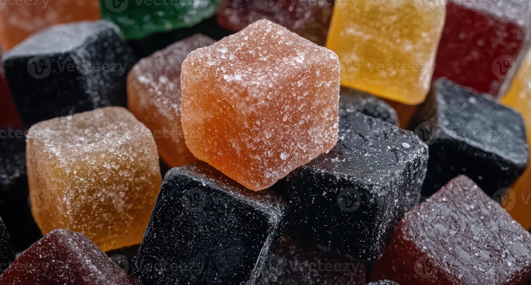 Colorful fruit jelly candy squares coated with sugar crystals photo