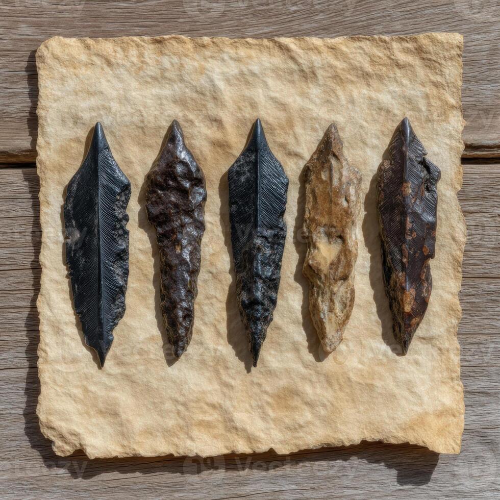 Ancient stone arrowheads display on rustic parchment paper photo