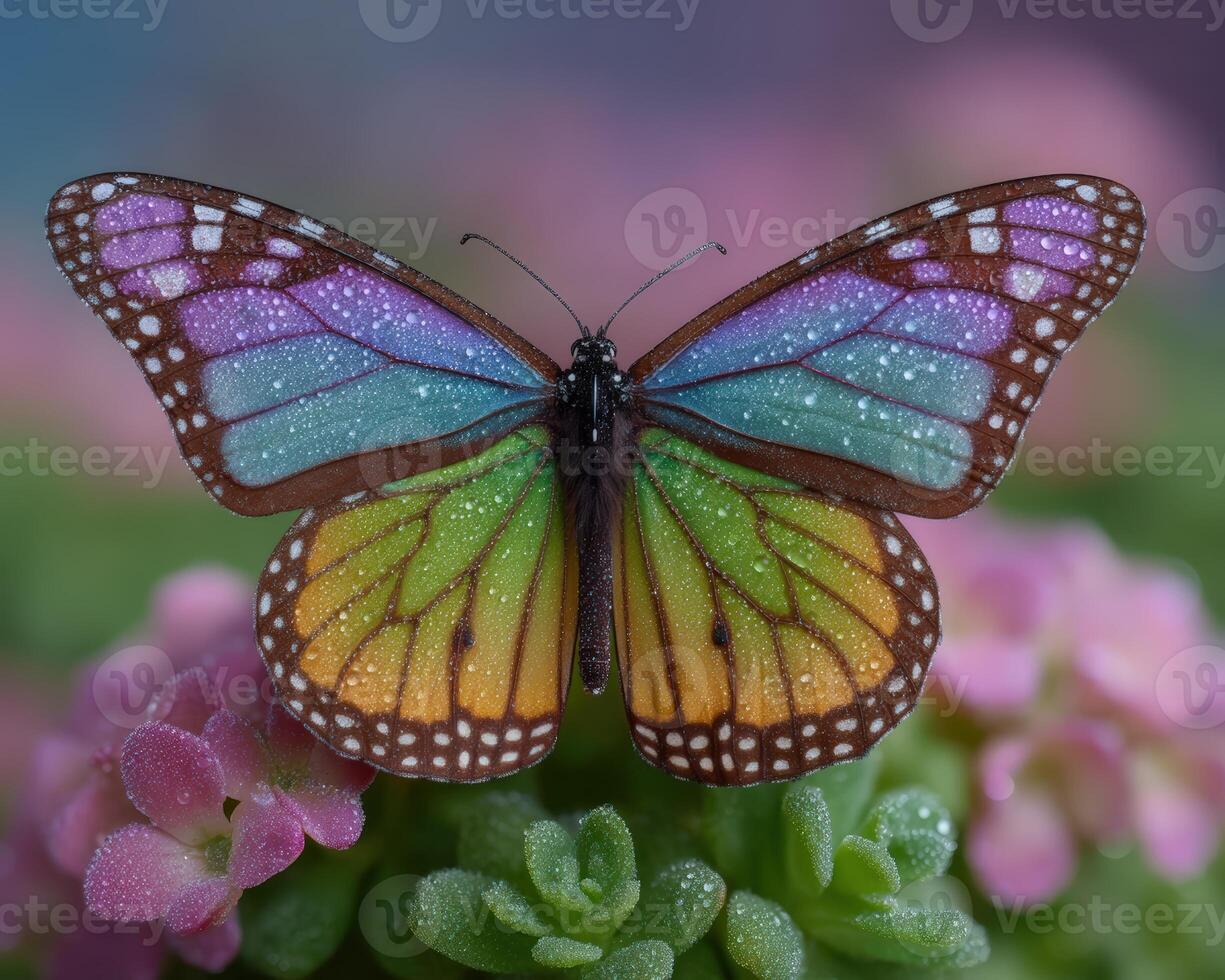 Rainbow butterfly with water droplets resting on succulent plant photo