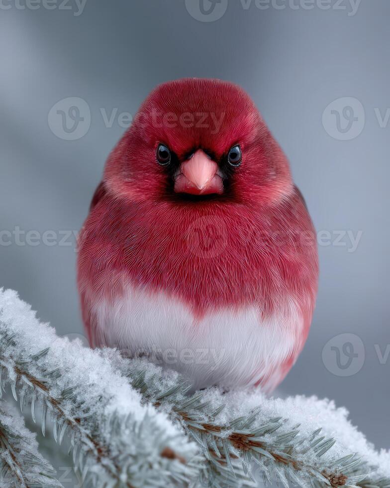 Adorable purple finch perched on a snow covered branch photo