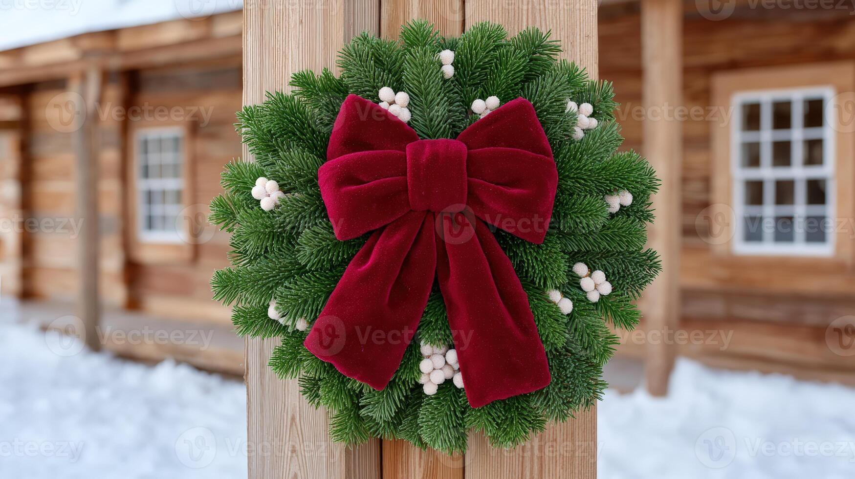 Festive Christmas wreath with red bow on wooden door photo