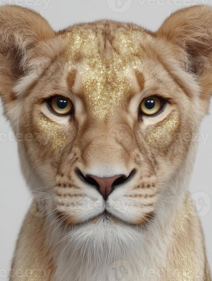 Portrait of a lion cub with golden glitter makeup photo