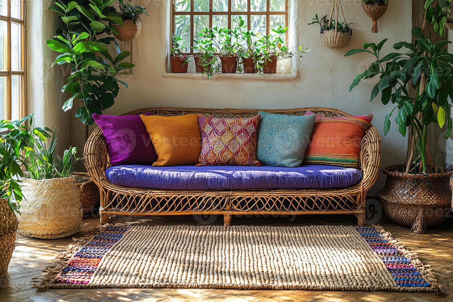A wicker sofa with colorful pillows surrounded by indoor plants photo