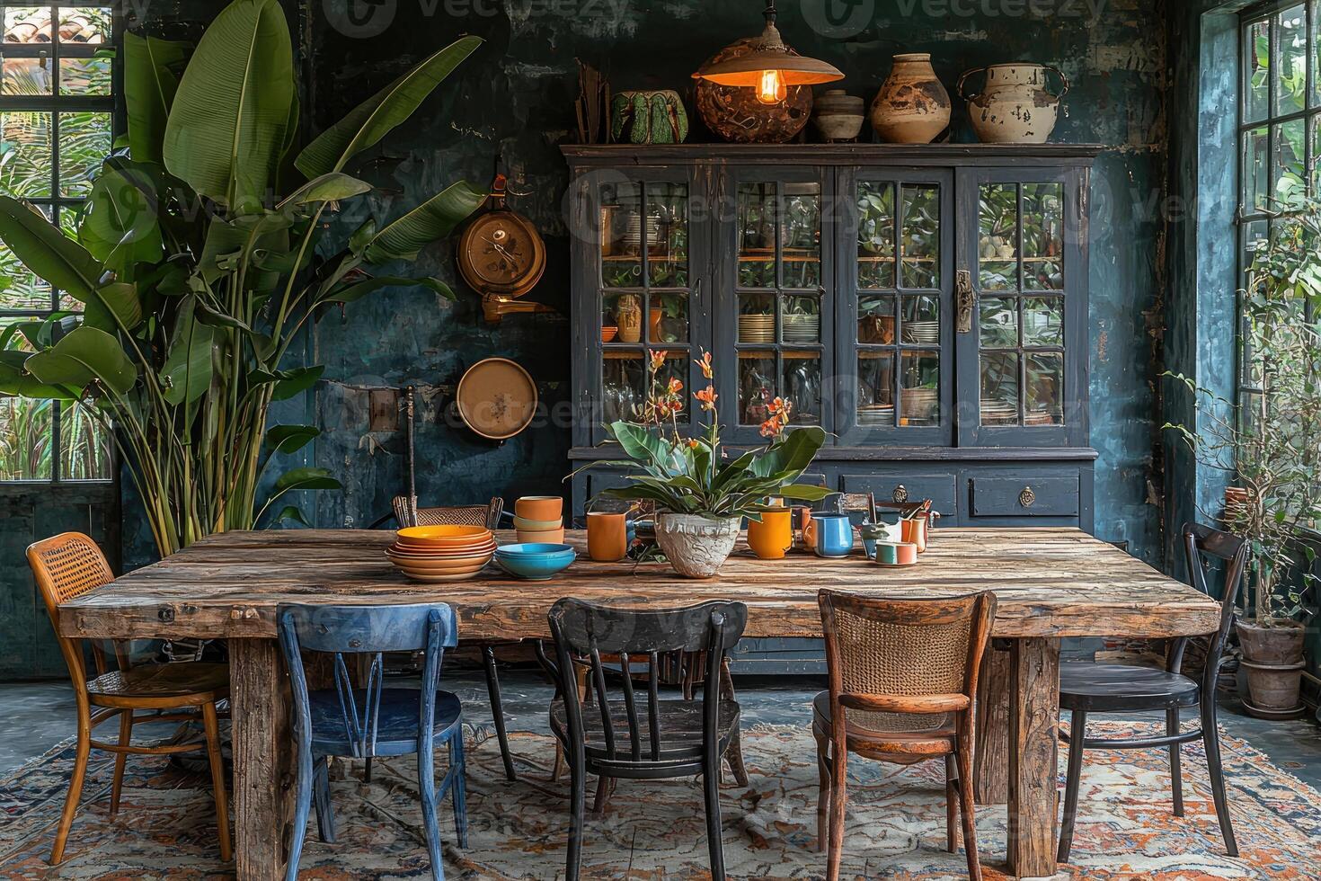 A rustic dining room with plants and a wooden table photo