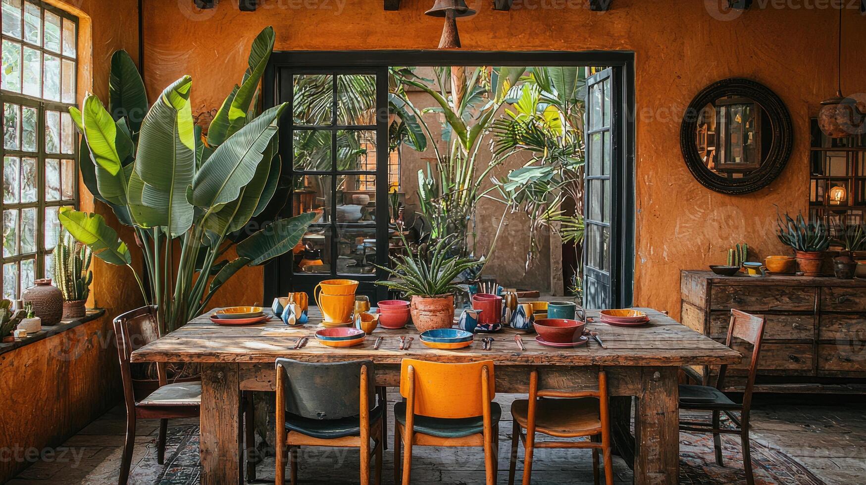 A dining room with an open door and lush vegetation photo