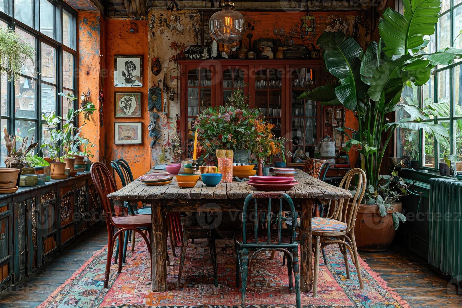 A decorated dining room with a large table and plants photo