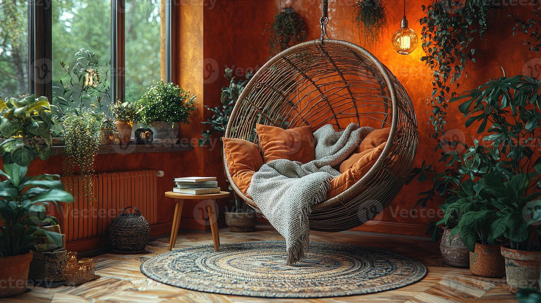 A cozy interior features a hanging chair and houseplants photo