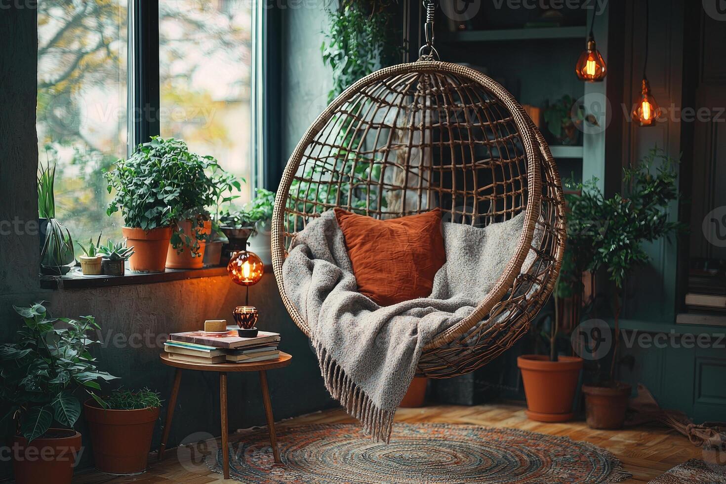 A cozy hanging chair surrounded by indoor plants and warm light photo