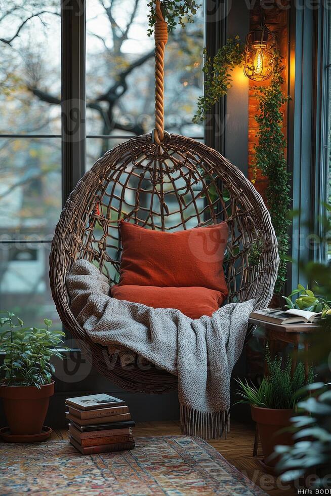 A cozy indoor space with a hanging chair and pillows photo