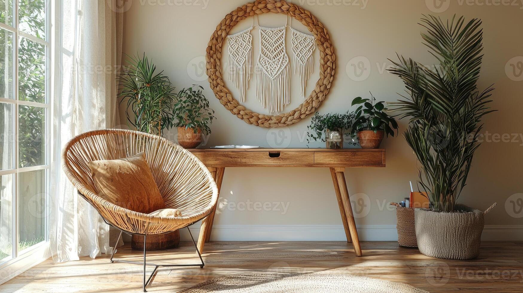 A modern cozy living space with natural decor elements photo
