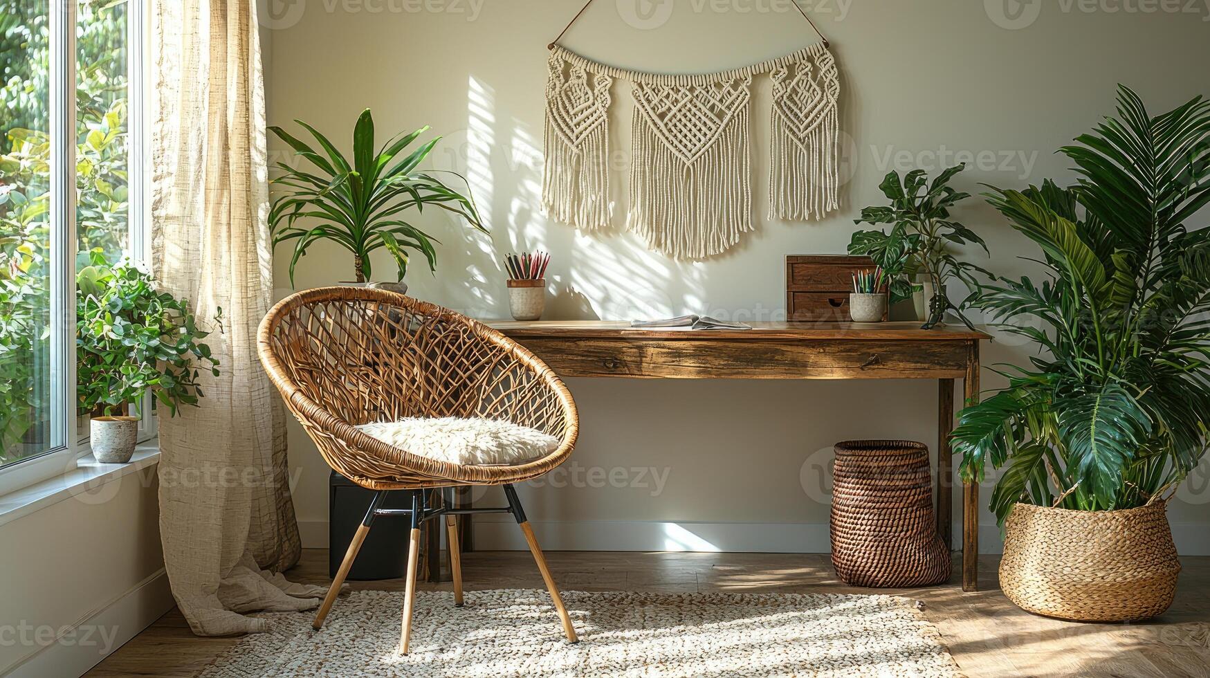 An inviting interior workspace features natural light and decor items photo