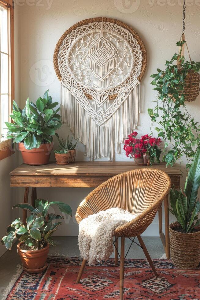 An indoor room features decorations with plants and macrame photo
