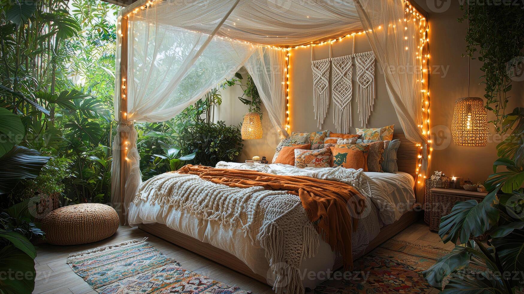 An inviting bedroom space with a bed surrounded by greenery photo